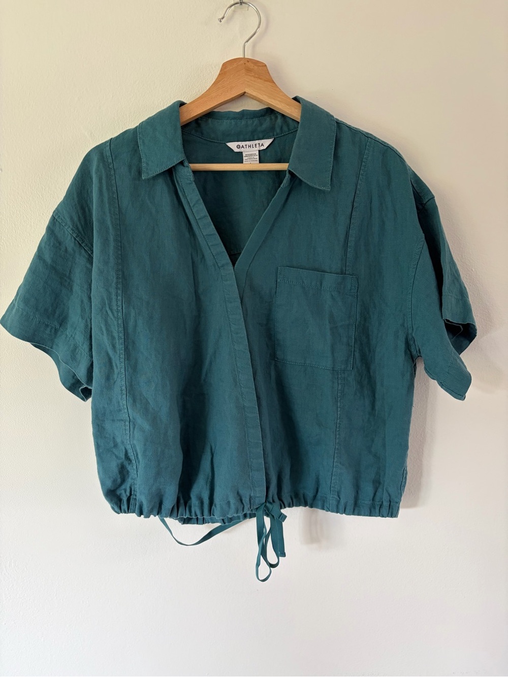 Athleta Playa Linen Tie True Wrap Short Sleeve Top In Borealis Green Size Large - Picture 2 of 14